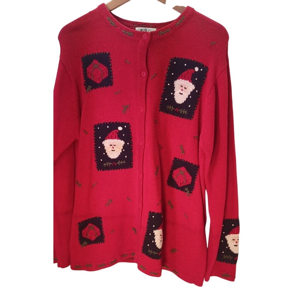 VTG Quacker Factory Christmas Cardigan Red Santa Embroidered Sweater Large